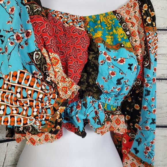 Miky & Me Boho Patchwork Crop Top Long Sleeve Off Shoulder Size L - Picture 2 of 8